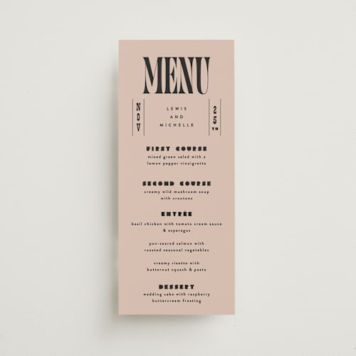 This is a noir menu cards with standard by Alethea and Ruth called bold stack printing on signature in 4x9