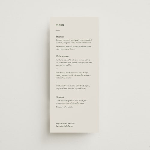 This is a forest menu cards with standard by Bethan called editorial printing on signature in 4x9