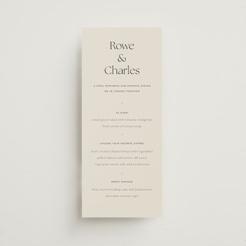 This is a sandstone menu cards with standard by Sara Hicks Malone called monogram edit printing on signature in 4x9