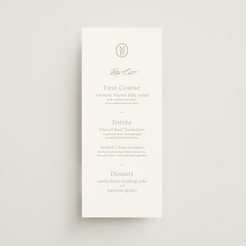 This is a moss menu cards with standard by Megan Davis called perriand printing on signature in 4x9