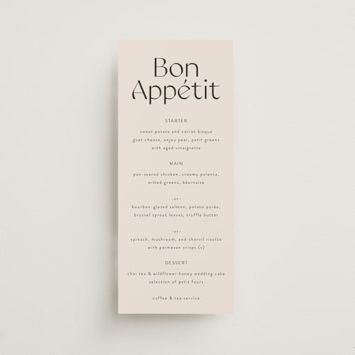 This is a ivory menu cards with standard by Melanie Kosuge called ayumi printing on signature in 4x9