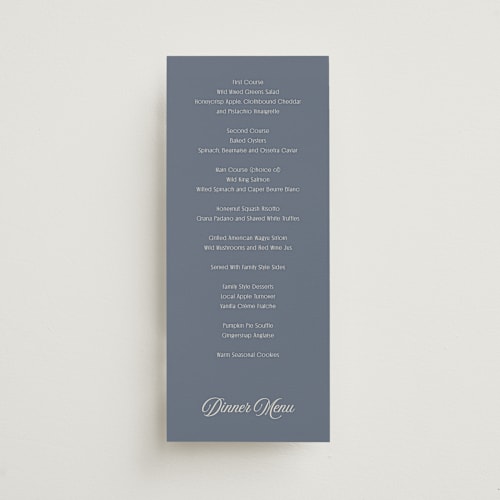 This is a french blue menu cards with standard by Nicoletta Savod called ritzy printing on signature in 4x9