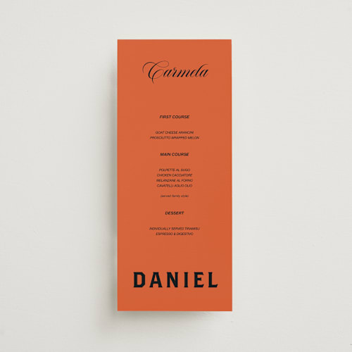 This is a amaro menu cards with standard by Claire called bold and demure printing on signature in 4x9