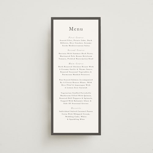 This is a charcoal menu cards with standard by Lori Wemple called monogram square printing on signature in 4x9