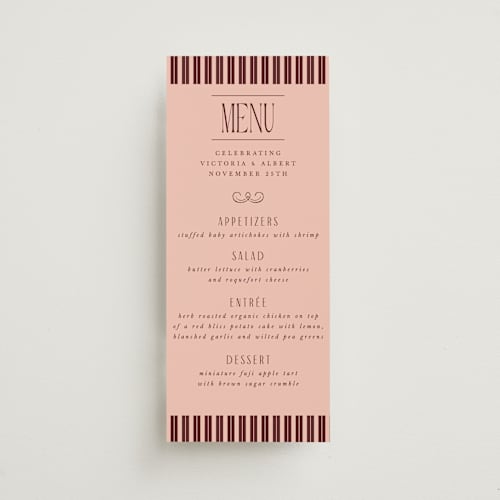 This is a burgundy menu cards with standard by Nazia Hyder called museum printing on signature in 4x9
