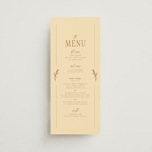 This is a bark menu cards with standard by Jen Ramsey called classic and floral printing on signature in 4x9