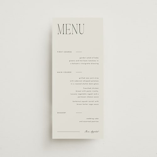 This is a forest menu cards with standard by Blustery August called hayes printing on signature in 4x9