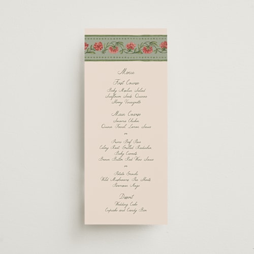 This is a coral fern menu cards with standard by Chris Griffith called wedding tapestry printing on signature in 4x9