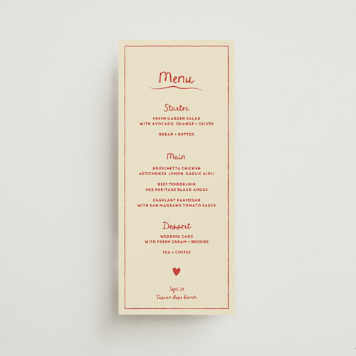 This is a cherry menu cards with standard by Ani Somi called big heart wedding printing on signature in 4x9
