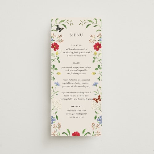 This is a elder flower menu cards with standard by Sarah Knight called wild meadow printing on signature in 4x9
