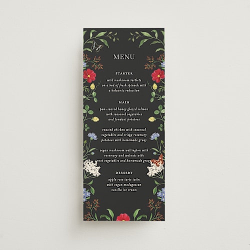This is a onyx menu cards with standard by Sarah Knight called wild meadow printing on signature in 4x9