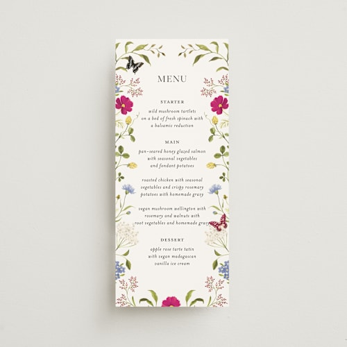 This is a fuchsia menu cards with standard by Sarah Knight called wild meadow printing on signature in 4x9