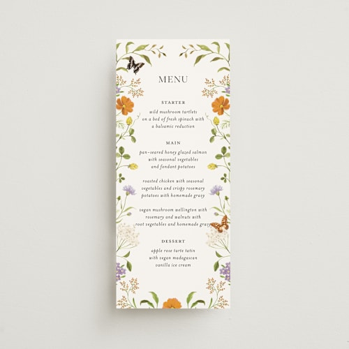 This is a persimmon menu cards with standard by Sarah Knight called wild meadow printing on signature in 4x9
