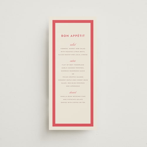 This is a berry menu cards with standard by Megan Davis called montauk printing on signature in 4x9