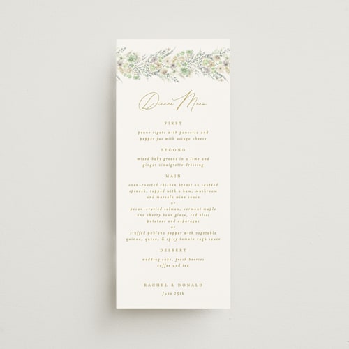 This is a greenery menu cards with standard by Phrosné Barwood called floral arch printing on signature in 4x9
