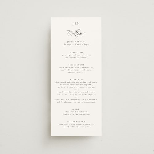 This is a natural menu cards with standard by Jennifer Postorino called empire printing on signature in 4x9