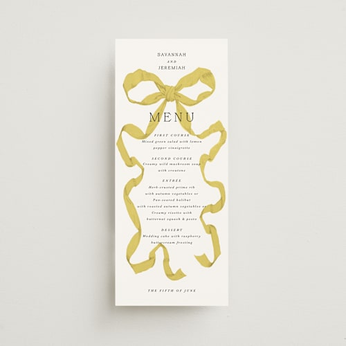 This is a citrine menu cards with standard by Olivia Kanaley Inman called antique ribbon printing on signature in 4x9