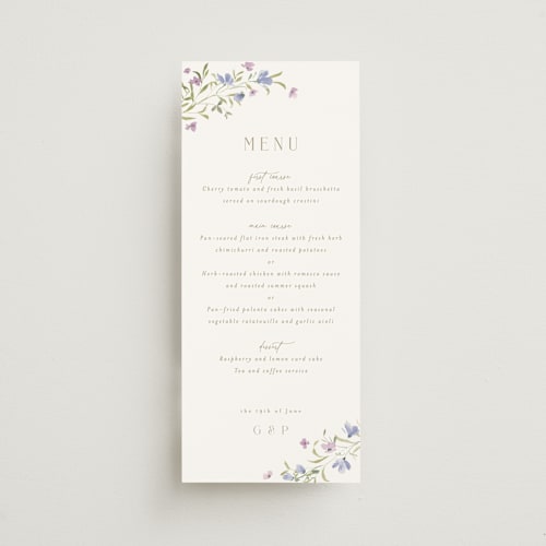 This is a wisteria menu cards with standard by Everett Paper Goods called sweeping meadow printing on signature in 4x9