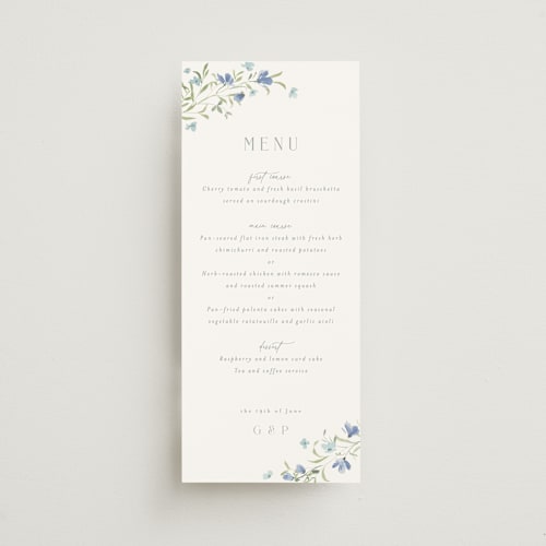 This is a aquamarine menu cards with standard by Everett Paper Goods called sweeping meadow printing on signature in 4x9