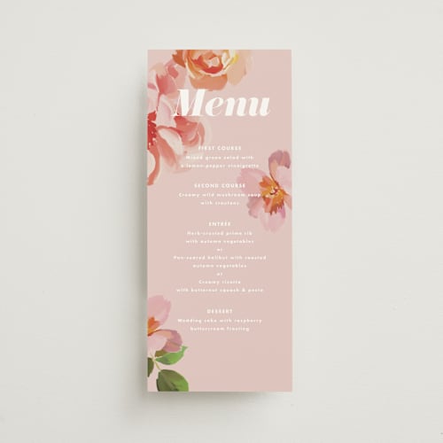 This is a petal menu cards with standard by Olivia Kanaley Inman called july garden printing on signature in 4x9