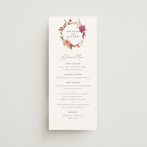 This is a magenta menu cards with standard by Susan Moyal called lush printing on signature in 4x9