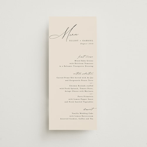 This is a ecru menu cards with standard by Hooray Creative called scripted names printing on signature in 4x9