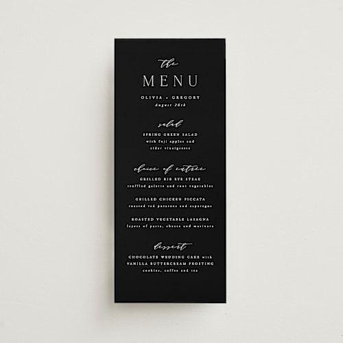 This is a lily menu cards with standard by Hooray Creative called classy type printing on signature in 4x9