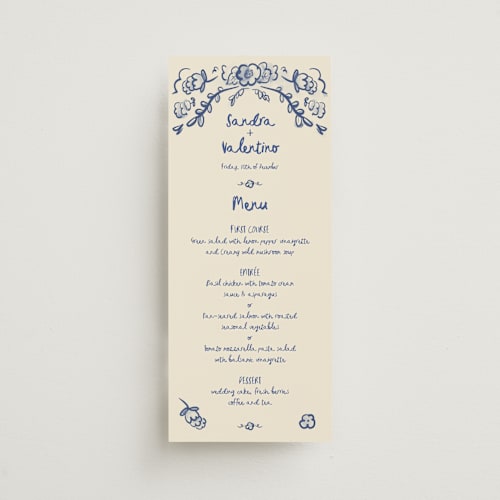 This is a marseille blue menu cards with standard by Ani Somi called santa catalina printing on signature in 4x9
