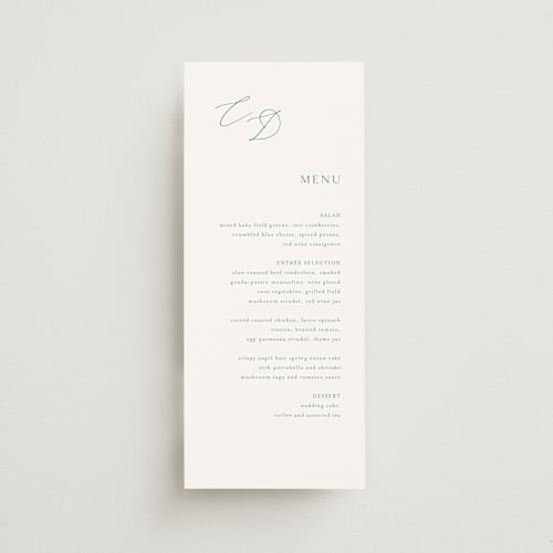 This is a dusty blue menu cards with standard by Jennifer Postorino called graceful printing on signature in 4x9