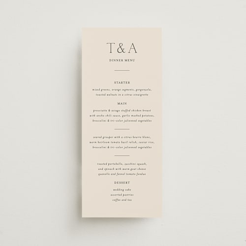 This is a linen menu cards with standard by Vanessa Doyle called in love printing on signature in 4x9