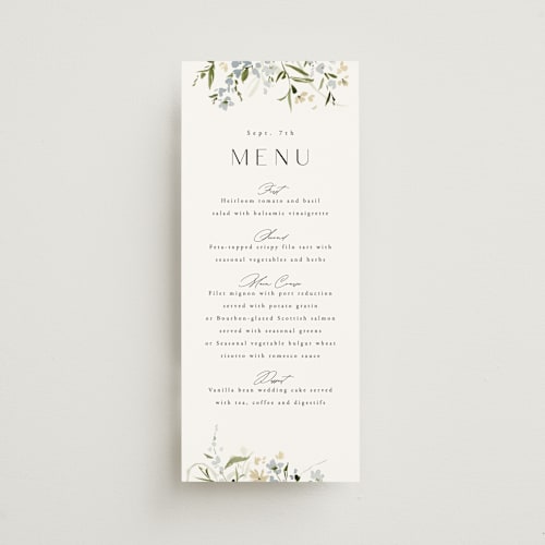 This is a lily menu cards with standard by Everett Paper Goods called fleur printing on signature in 4x9