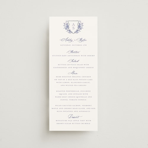 This is a dusty blue menu cards with standard by Cass Loh called watercolor flowers crest printing on signature in 4x9