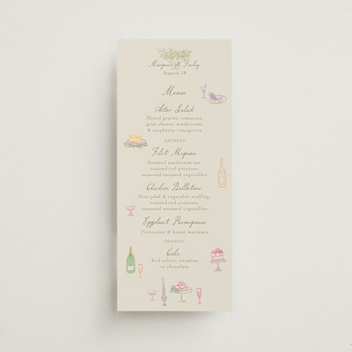 This is a olive menu cards with standard by Elly called dining printing on signature in 4x9