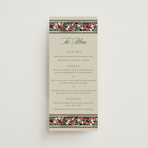 This is a ruby menu cards with standard by Jackie Crawford called holiday ribbon printing on signature in 4x9