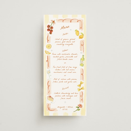 This is a flame menu cards with standard by Pati Cascino called giardino printing on signature in 4x9