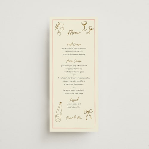 This is a butterscotch menu cards with standard by Helena Vitto called handwritten letter printing on signature in 4x9