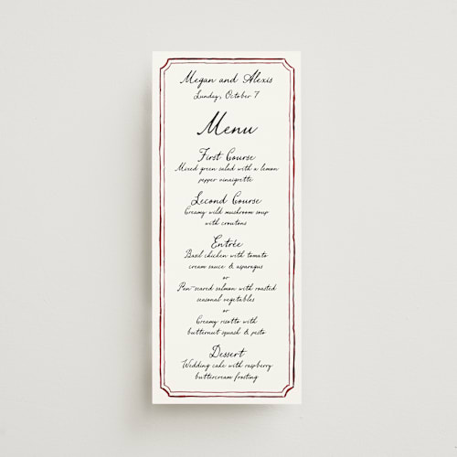 This is a wine menu cards with standard by Cass Loh called handwritten printing on signature in 4x9