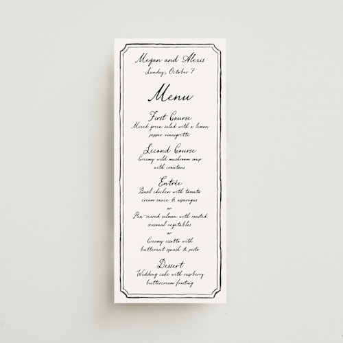 This is a coal menu cards with standard by Cass Loh called handwritten printing on signature in 4x9