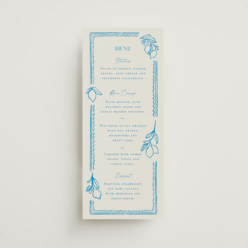 This is a ocean menu cards with standard by Pati Cascino called mediterraneo printing on signature in standard