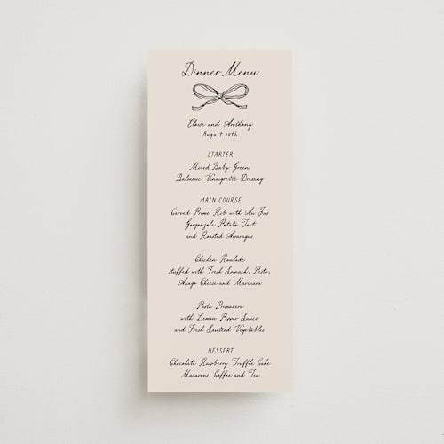 This is a onyx menu cards with standard by Hooray Creative called black bow printing on signature in standard