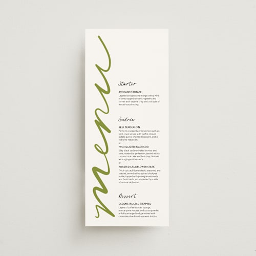This is a avocado menu cards with standard by Inkblot Design called hand in hand printing on signature in standard