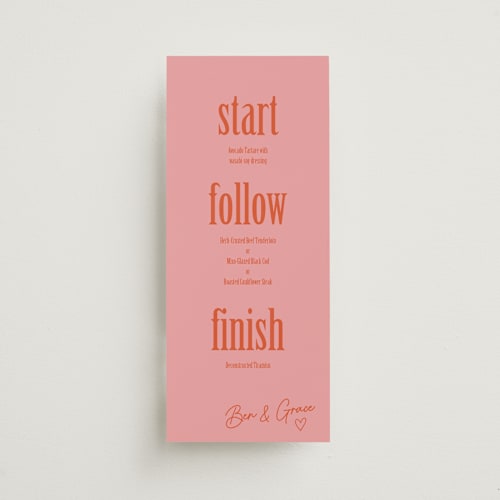 This is a berry orange menu cards with standard by Inkblot Design called amuse-bouche printing on signature in 4x9