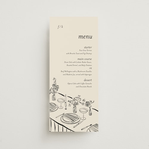 This is a cream menu cards with standard by Lucrecia Caporale called hand drawn dinner printing on signature in 4x9