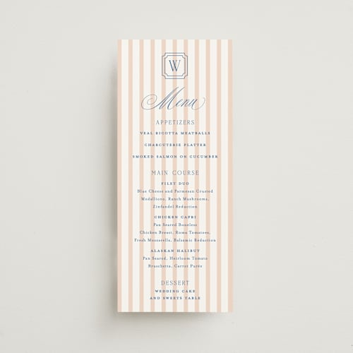 This is a coral menu cards with standard by Erin German called preppy printing on signature in 4x9