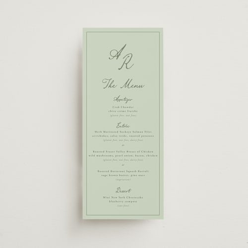 This is a mint menu cards with standard by Sherley Ferreira called olive printing on signature in standard