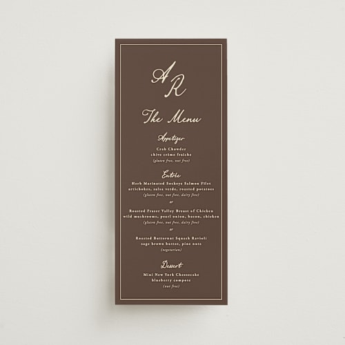 This is a mocha menu cards with standard by Sherley Ferreira called olive printing on signature in 4x9
