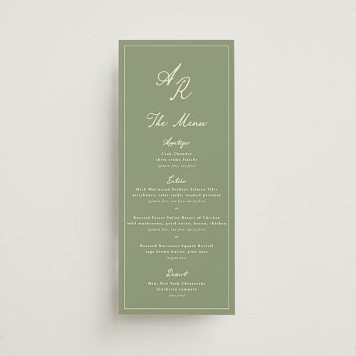 This is a olive menu cards with standard by Sherley Ferreira called olive printing on signature in 4x9