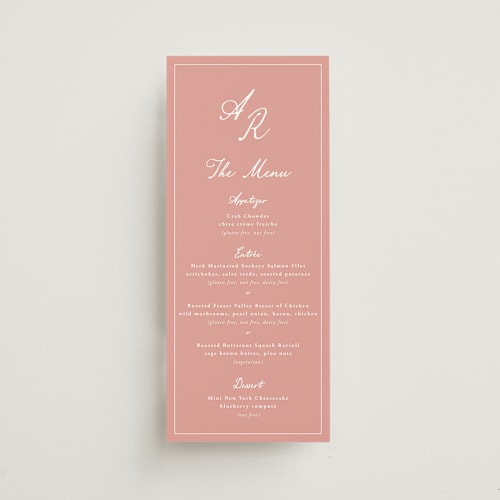 This is a blush menu cards with standard by Sherley Ferreira called olive printing on signature in 4x9