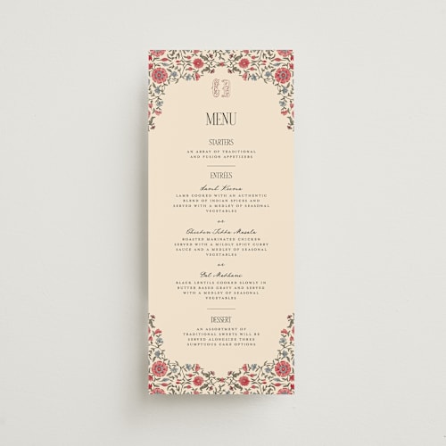 This is a almond menu cards with standard by Jenna Holcomb called tapestry printing on signature in 4x9