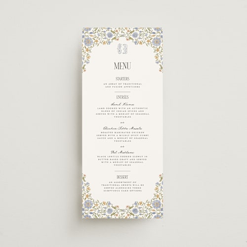 This is a provincial menu cards with standard by Jenna Holcomb called tapestry printing on signature in 4x9